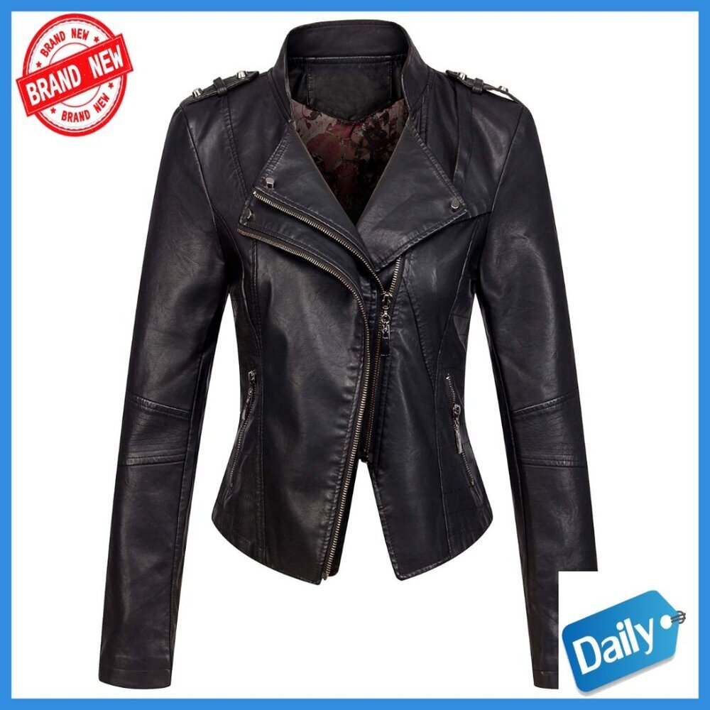 Faux Leather Cropped Moto Jacket Asymmetric Zip Slim Fit